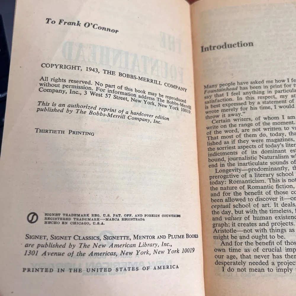 Ayn Rand The Fountainhead Vintage Signet Paperback 25th Anniversary W4406 1970s
